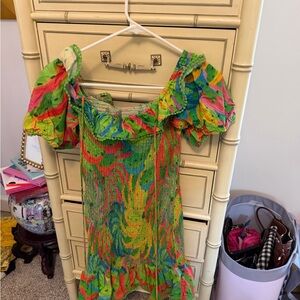 FARM Rio Green Multi-Color Smocked Off-Shoulder Dress